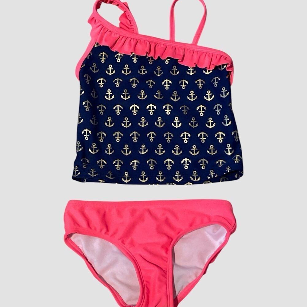 Girls Circo Navy Blue Nautical Print Tankini Swim Set Size XS 4/5 UPF 50+